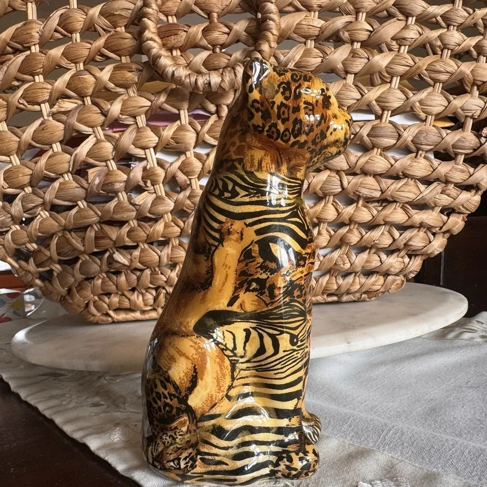La Vie Leopard Cheetah Patchwork Quilt Paper Mache Figurine Ceramic 8
